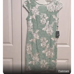 Adrianna Papell Seafoam IvyLace White Embroidered Floral Pencil Dress Size 10.